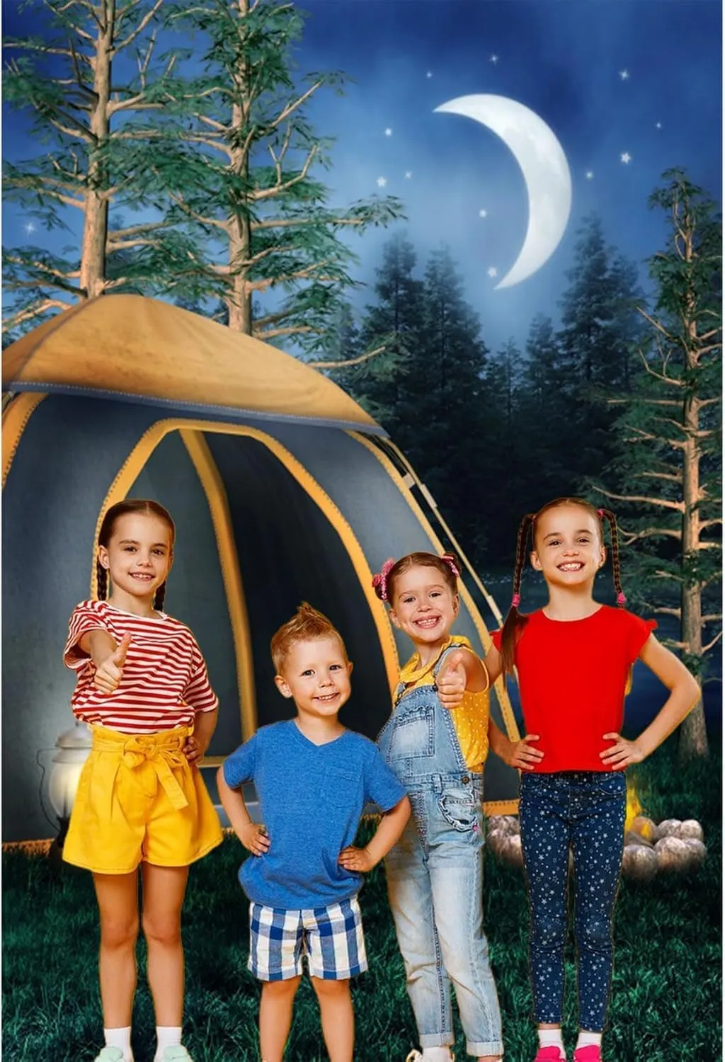 Baocicco 6x9ft Camping Trip Backdrop Night Scene Backdrop Tent Green Grass Lawn Bonfire Pine Trees Photography Background Camping Summer Holiday Family Outdoor Party Adventure Leisure