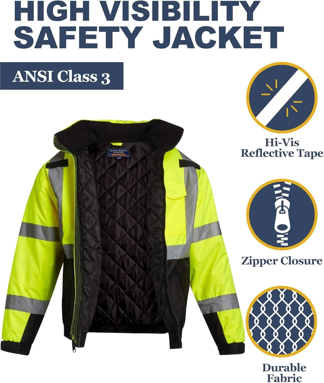 Bass Creek Outfitters Men's High Visibility Safety Jacket - Heavy Duty Waterproof Workwear with Packable Hood (Sizes: M-XXL)