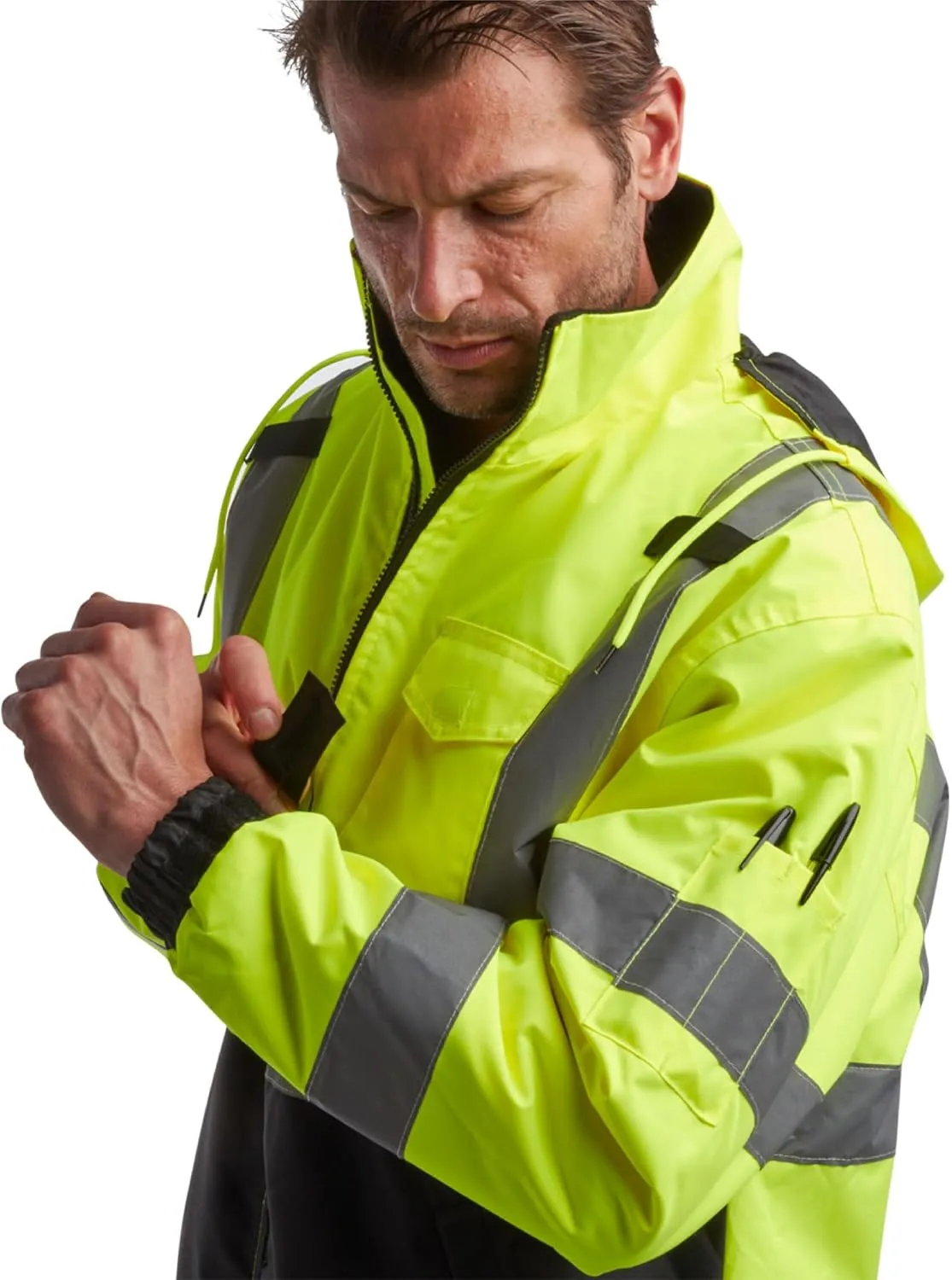 Bass Creek Outfitters Men's High Visibility Safety Jacket - Heavy Duty Waterproof Workwear with Packable Hood (Sizes: M-XXL)
