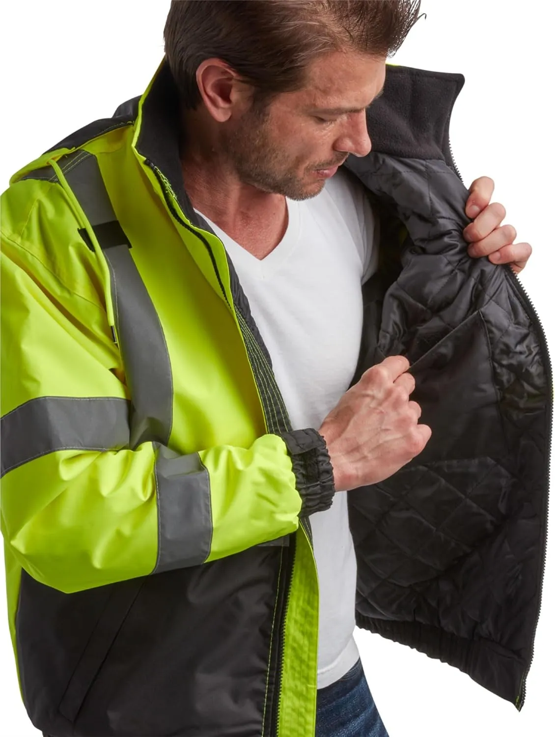 Bass Creek Outfitters Men's High Visibility Safety Jacket - Heavy Duty Waterproof Workwear with Packable Hood (Sizes: M-XXL)