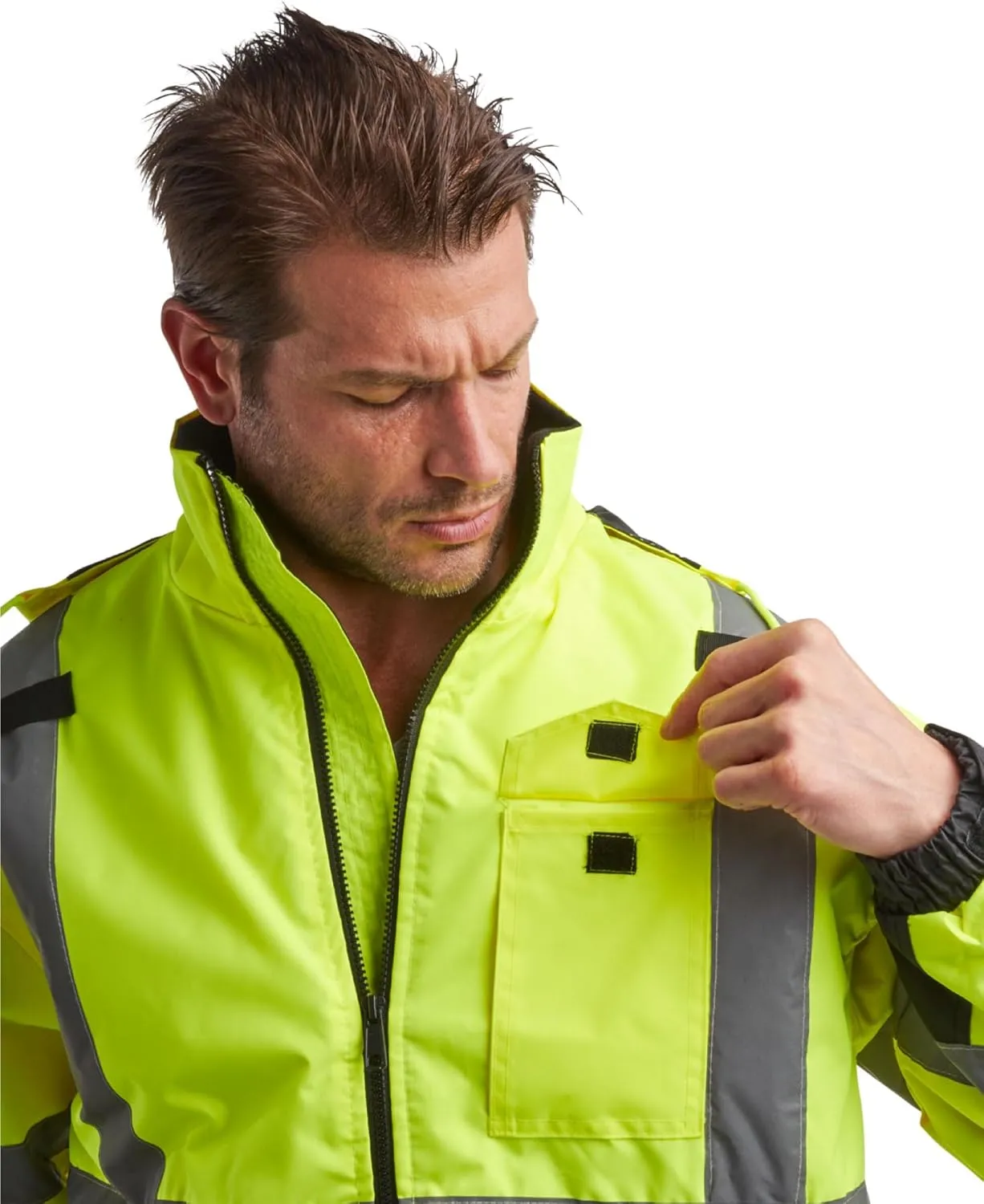 Bass Creek Outfitters Men's High Visibility Safety Jacket - Heavy Duty Waterproof Workwear with Packable Hood (Sizes: M-XXL)