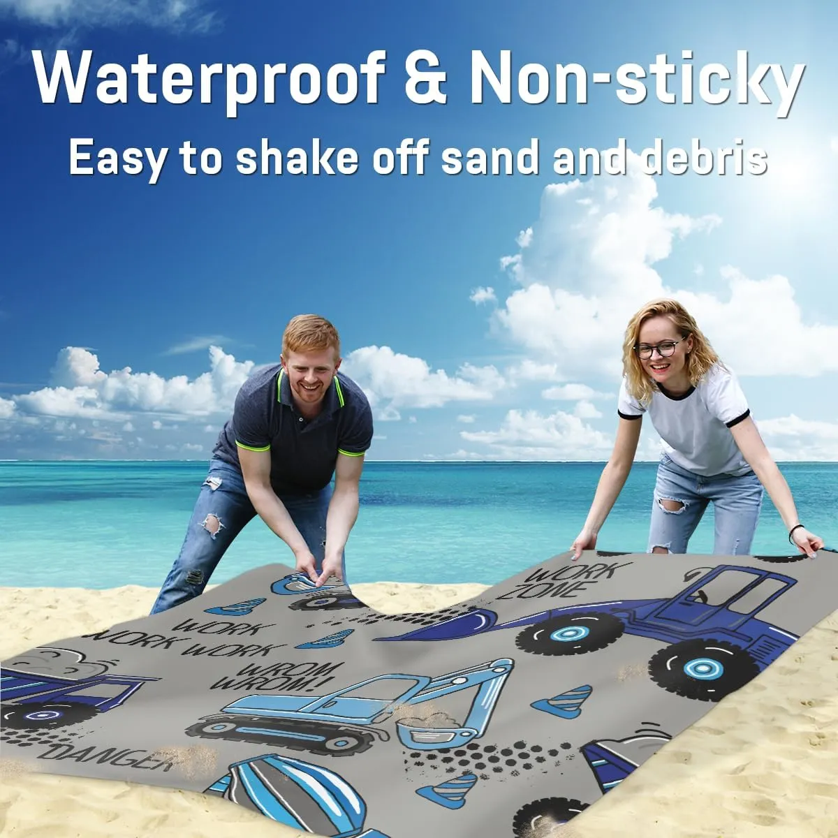 Beach Blanket, Construction Trucks Sandproof Beach Mat, Waterproof Quick Drying Sand Free Mat with 4 x Ground Spikes for Outdoor Travel Camping Hiking, Cartoon Truck 68 x 59 in