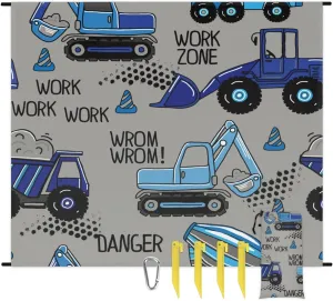 Beach Blanket, Construction Trucks Sandproof Beach Mat, Waterproof Quick Drying Sand Free Mat with 4 x Ground Spikes for Outdoor Travel Camping Hiking, Cartoon Truck 68 x 59 in