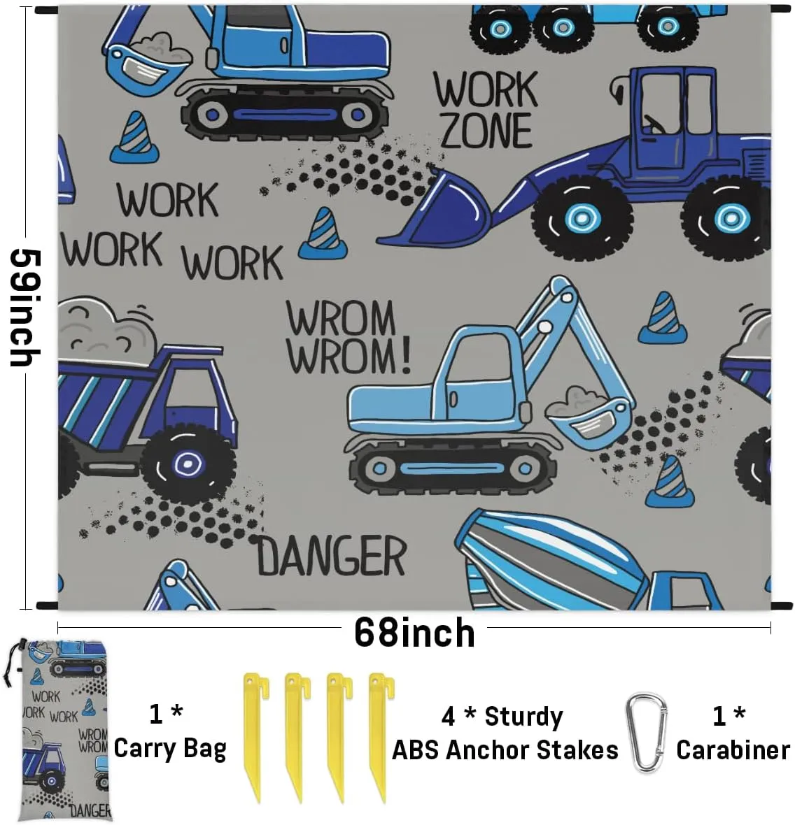 Beach Blanket, Construction Trucks Sandproof Beach Mat, Waterproof Quick Drying Sand Free Mat with 4 x Ground Spikes for Outdoor Travel Camping Hiking, Cartoon Truck 68 x 59 in