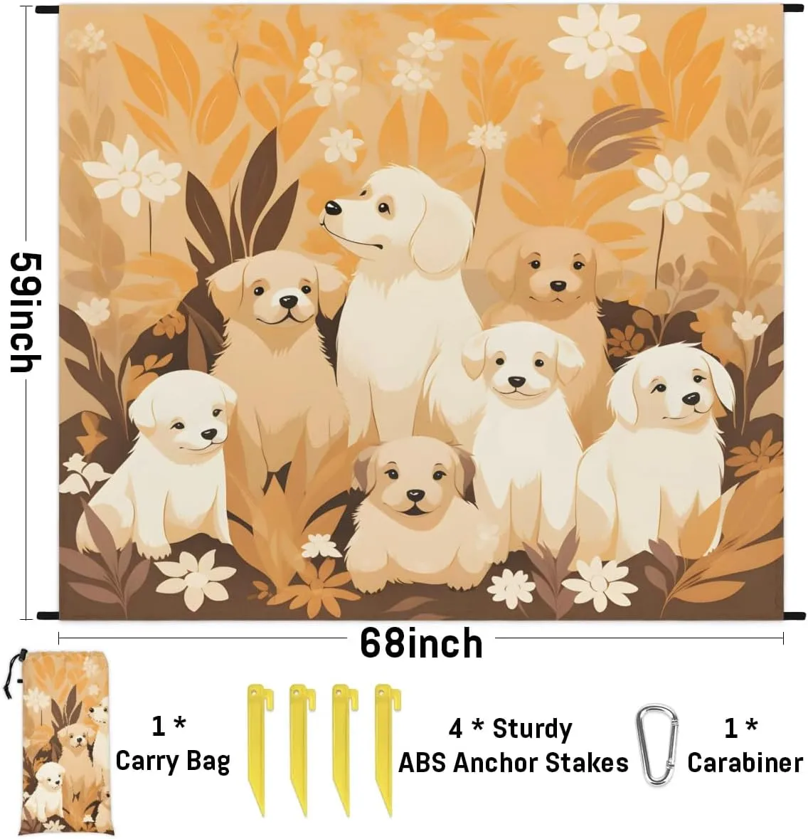 Beach Blanket, Labrador Dog Sandproof Beach Mat, Waterproof Quick Drying Sand Free Mat with 4 x Ground Spikes for Outdoor Travel Camping Hiking, Cartoon Dog 68 x 59 in