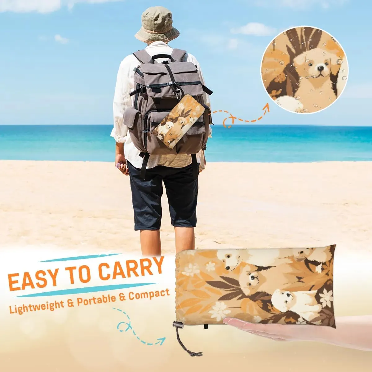 Beach Blanket, Labrador Dog Sandproof Beach Mat, Waterproof Quick Drying Sand Free Mat with 4 x Ground Spikes for Outdoor Travel Camping Hiking, Cartoon Dog 68 x 59 in