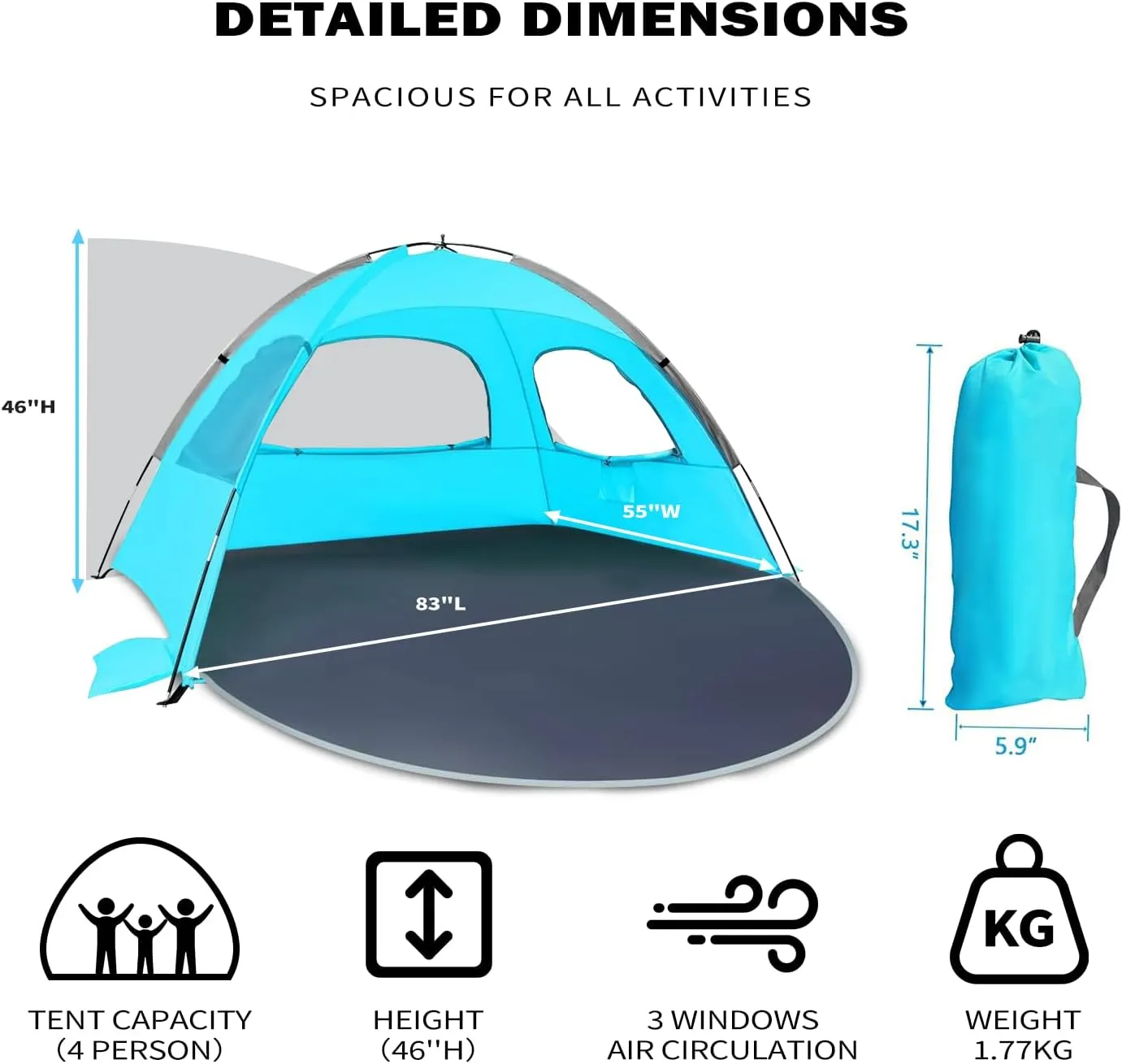 Beach Tent for 3-4 People, UPF50  Sun Shelter with Breathable 3-Way Ventilation, 8.0mm Reinforced Fiberglass Poles, Portable Shade Canopy for Beach & Camping (Green)