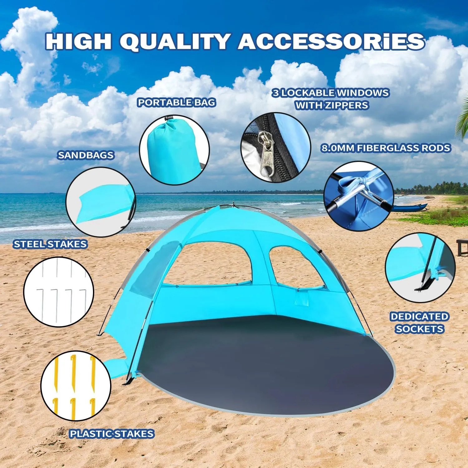 Beach Tent for 3-4 People, UPF50  Sun Shelter with Breathable 3-Way Ventilation, 8.0mm Reinforced Fiberglass Poles, Portable Shade Canopy for Beach & Camping (Green)