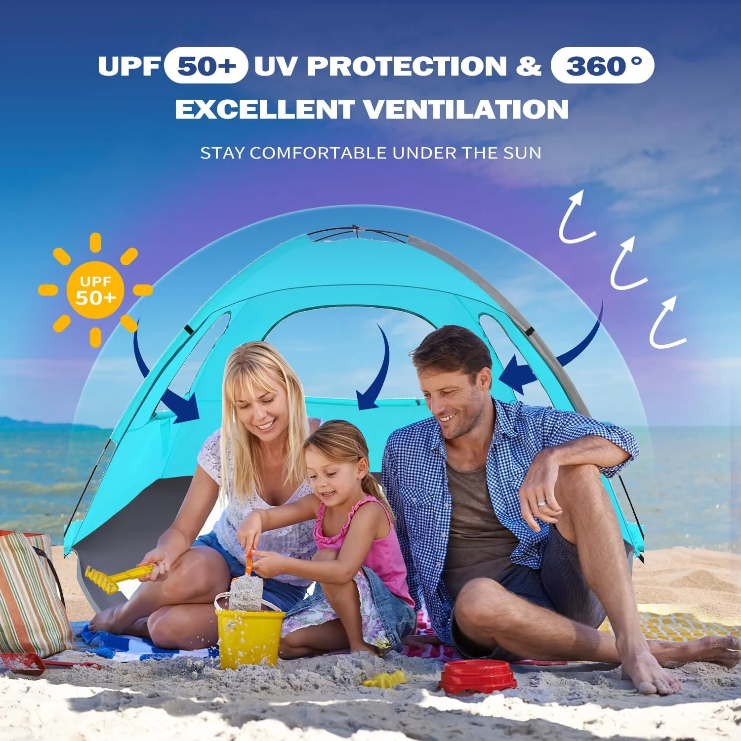 Beach Tent for 3-4 People, UPF50  Sun Shelter with Breathable 3-Way Ventilation, 8.0mm Reinforced Fiberglass Poles, Portable Shade Canopy for Beach & Camping (Green)