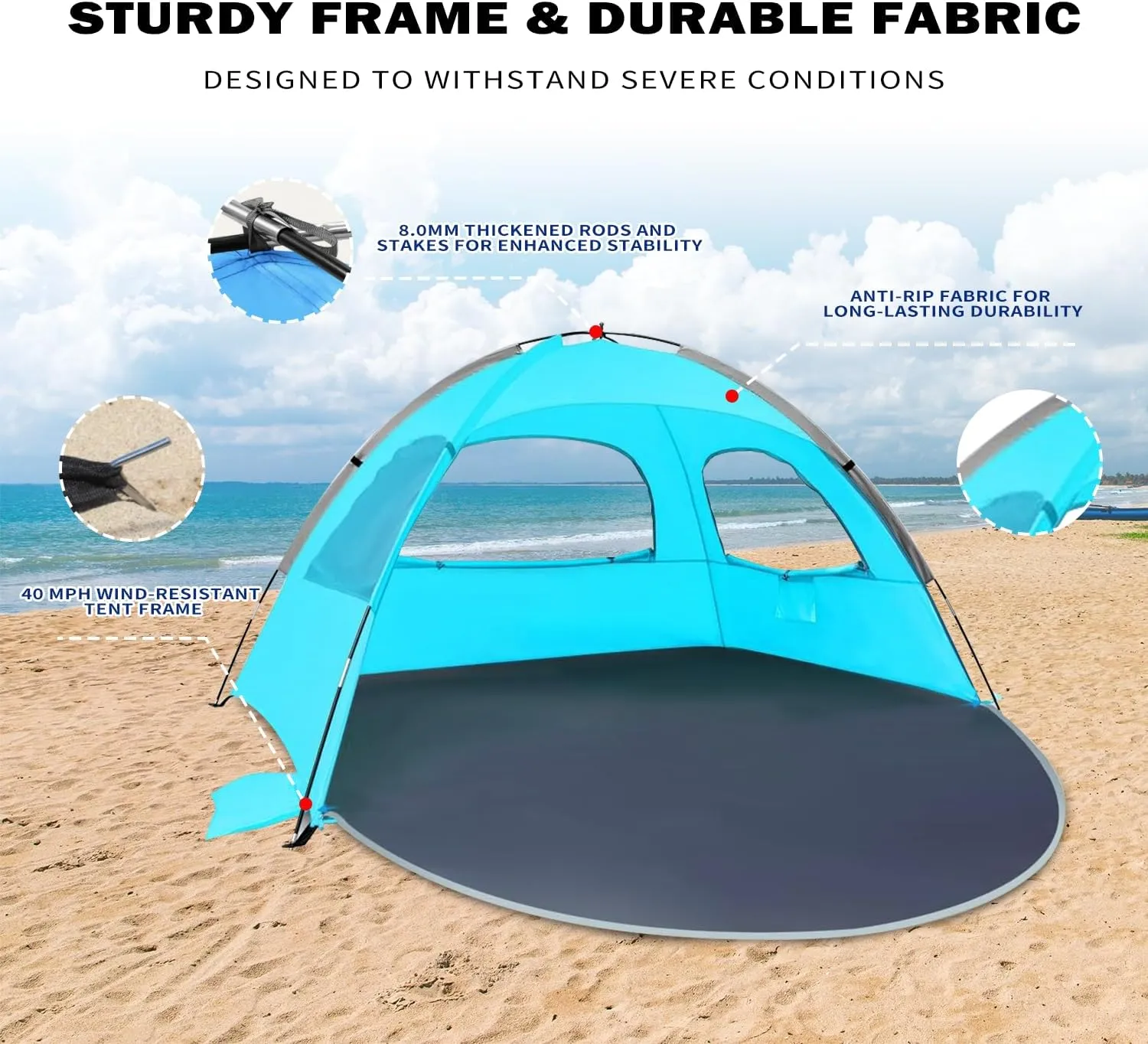 Beach Tent for 3-4 People, UPF50  Sun Shelter with Breathable 3-Way Ventilation, 8.0mm Reinforced Fiberglass Poles, Portable Shade Canopy for Beach & Camping (Green)