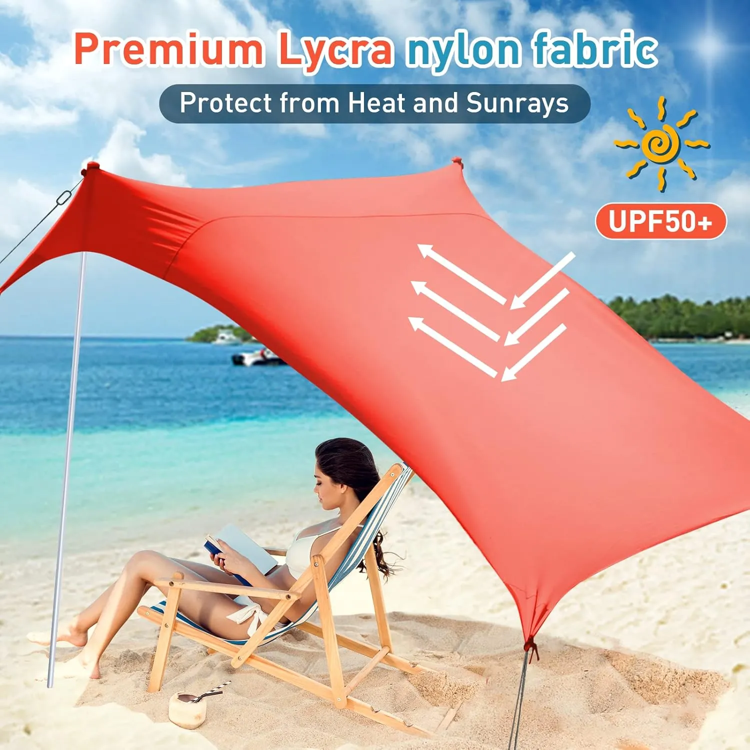 Beach Tents Pop Up 4-5 Person UPF50 , Popup Canopy Shade Camping Sun Shelter Portable with Carrying Bag, Outdoor Sunshade for Trips, Fishing or Grass Picnic (7x7 Ft 2 Pole, Orange)
