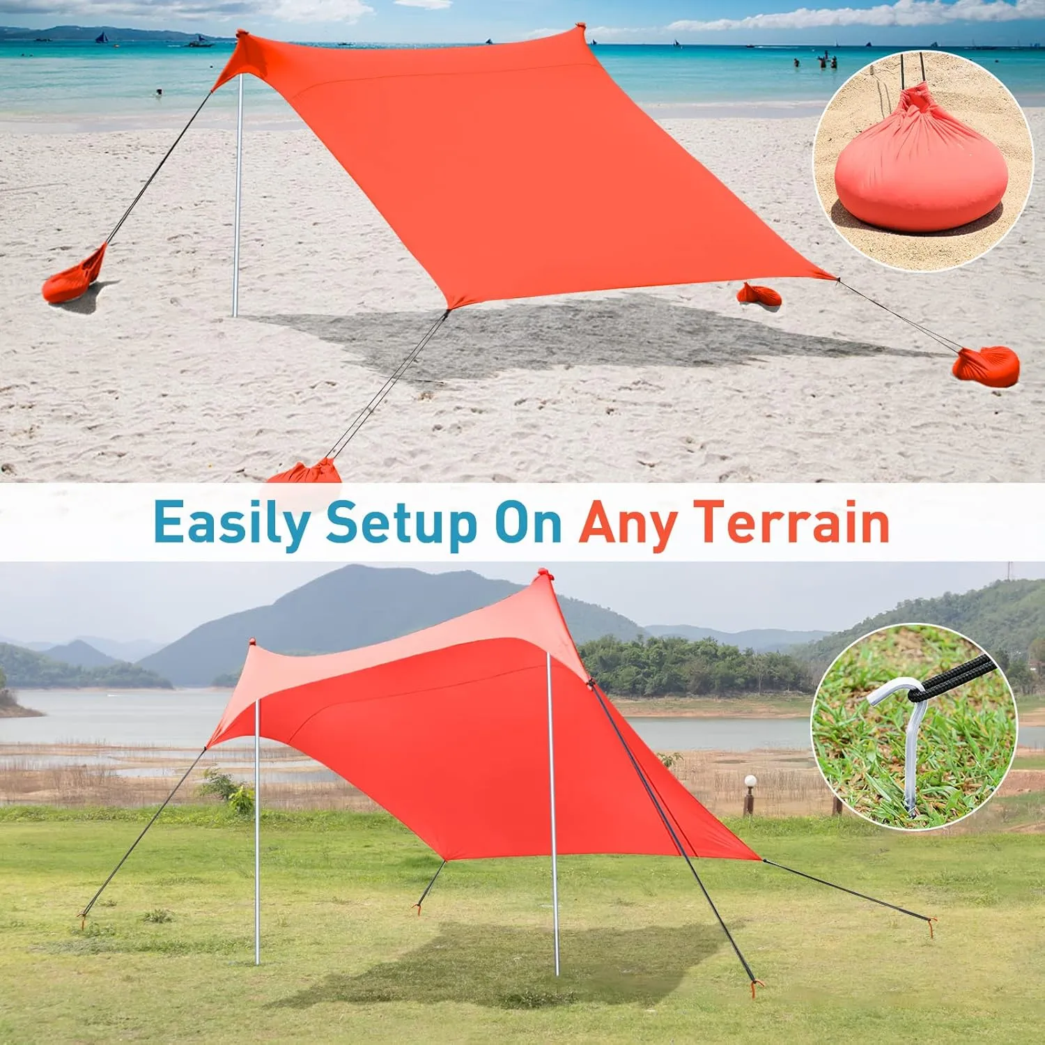 Beach Tents Pop Up 4-5 Person UPF50 , Popup Canopy Shade Camping Sun Shelter Portable with Carrying Bag, Outdoor Sunshade for Trips, Fishing or Grass Picnic (7x7 Ft 2 Pole, Orange)