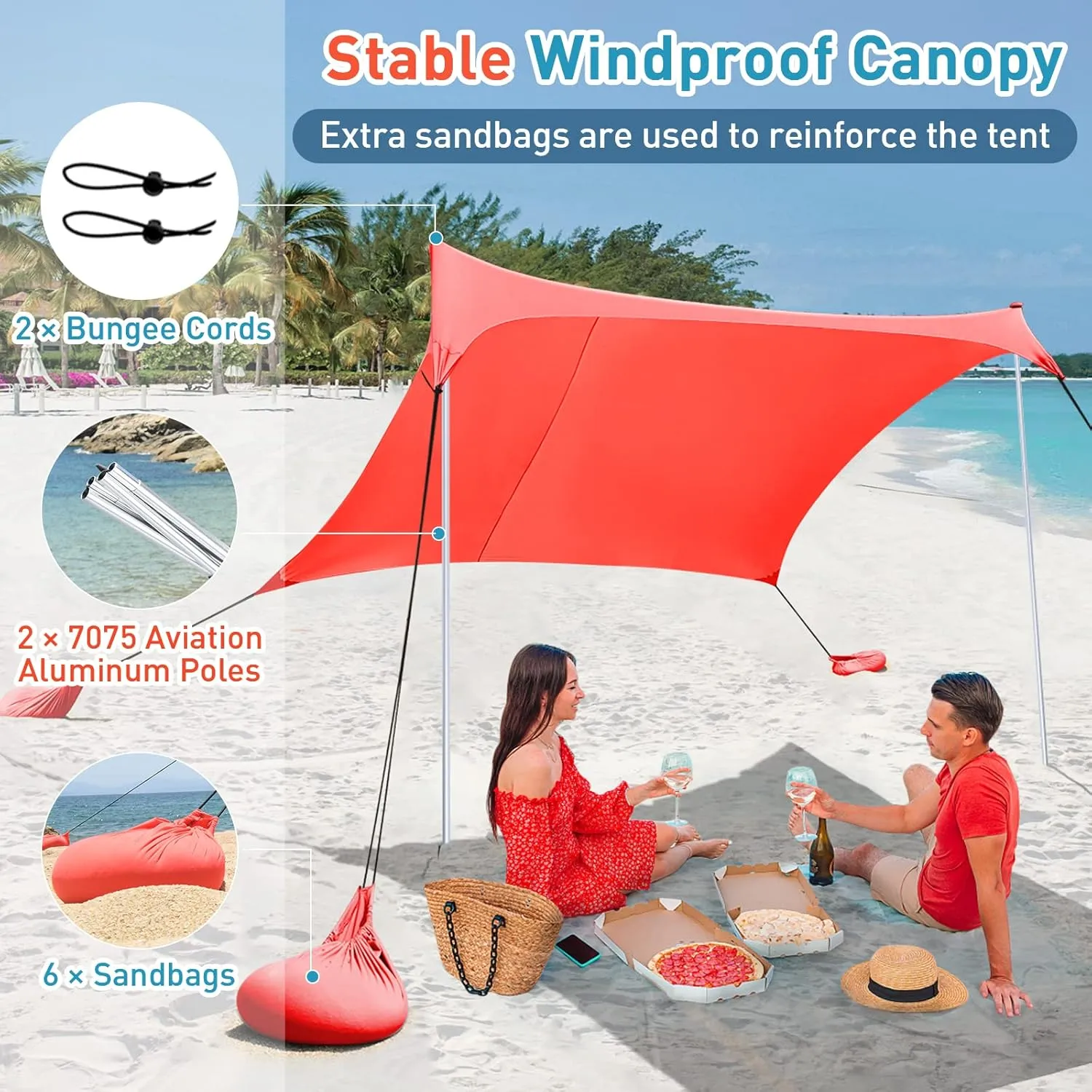 Beach Tents Pop Up 4-5 Person UPF50 , Popup Canopy Shade Camping Sun Shelter Portable with Carrying Bag, Outdoor Sunshade for Trips, Fishing or Grass Picnic (7x7 Ft 2 Pole, Orange)
