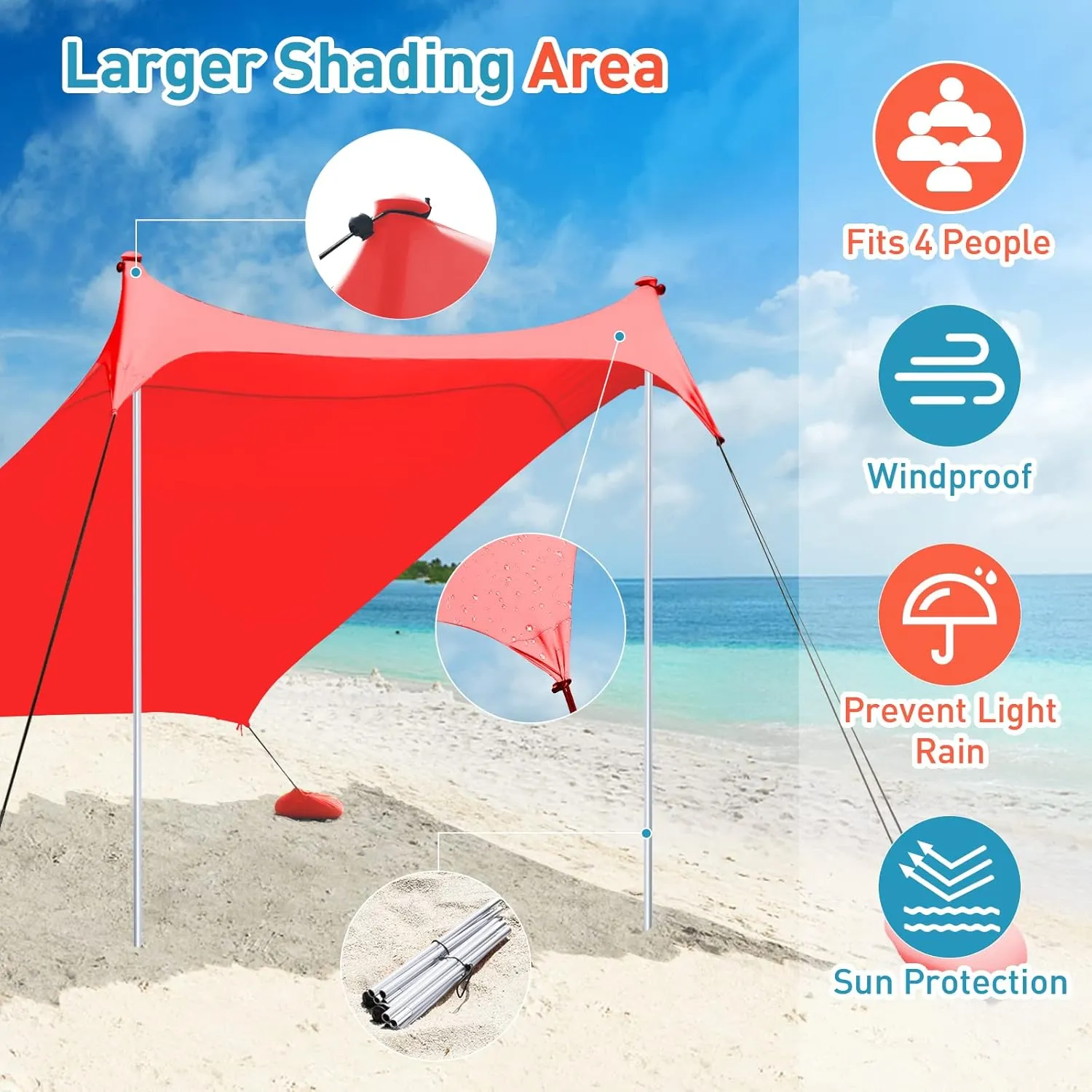 Beach Tents Pop Up 4-5 Person UPF50 , Popup Canopy Shade Camping Sun Shelter Portable with Carrying Bag, Outdoor Sunshade for Trips, Fishing or Grass Picnic (7x7 Ft 2 Pole, Orange)