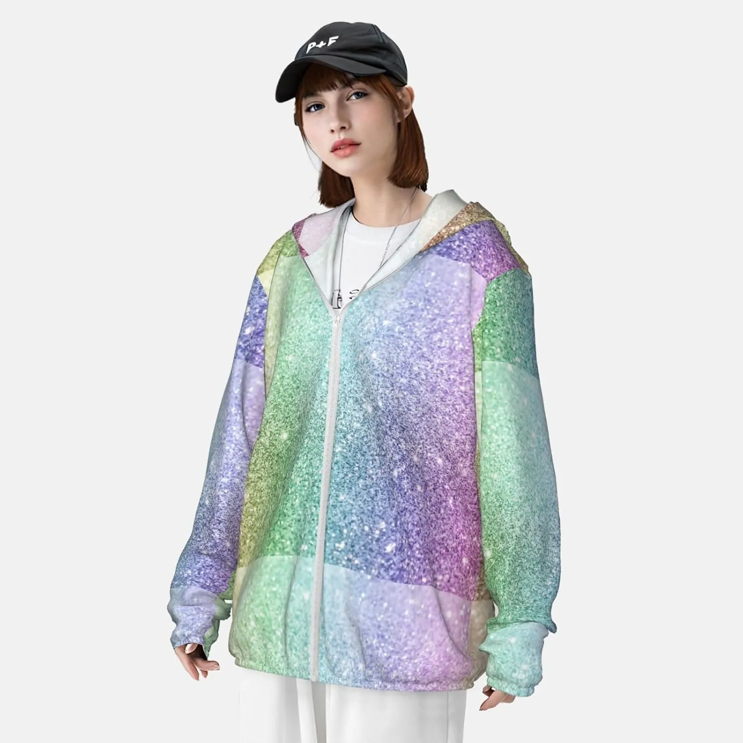 Beautiful Glitter Men Women Full Zip Sun Protection Hoodie Packable Outdoor Hiking -