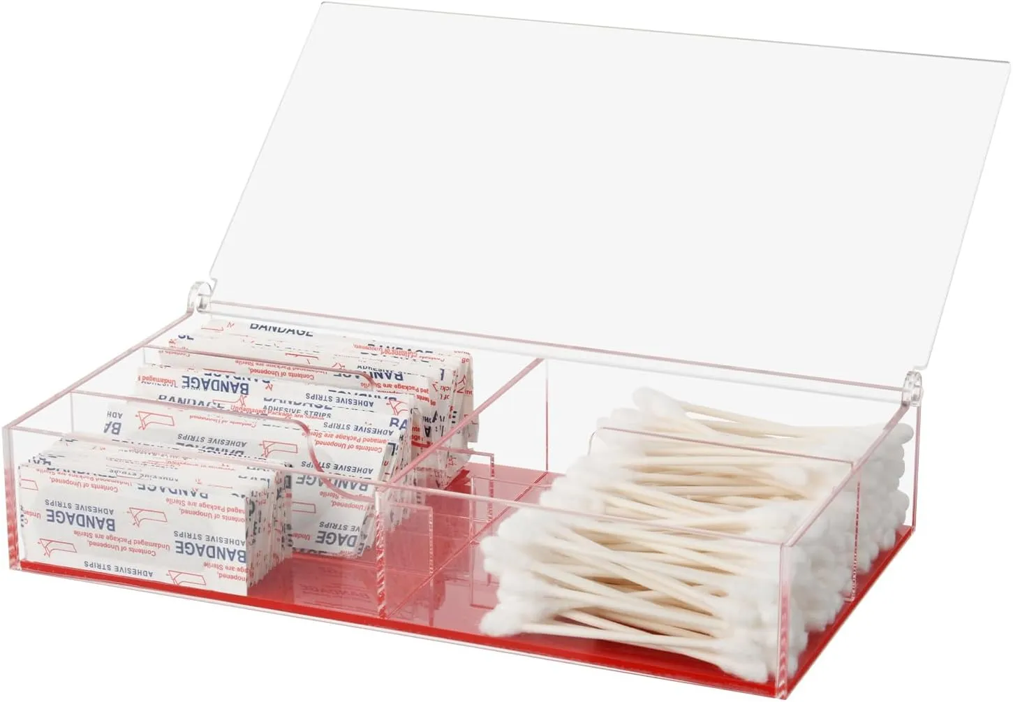 Beautyflier Organizer Case for Band-Aid Flexible Fabric Bandages, Acrylic Holder for First Aid Bandage, Storage Box for Cotton Swab, Pills, Paper Clips, Flip Cover - Anti-Dust, Case Only (Red)