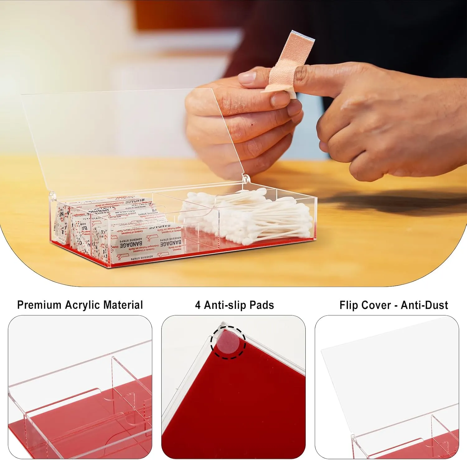 Beautyflier Organizer Case for Band-Aid Flexible Fabric Bandages, Acrylic Holder for First Aid Bandage, Storage Box for Cotton Swab, Pills, Paper Clips, Flip Cover - Anti-Dust, Case Only (Red)