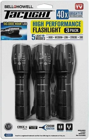 Bell & Howel 3 Pack Taclight High Performance Flashlight in Black with 5 Modes and 200x Zoom