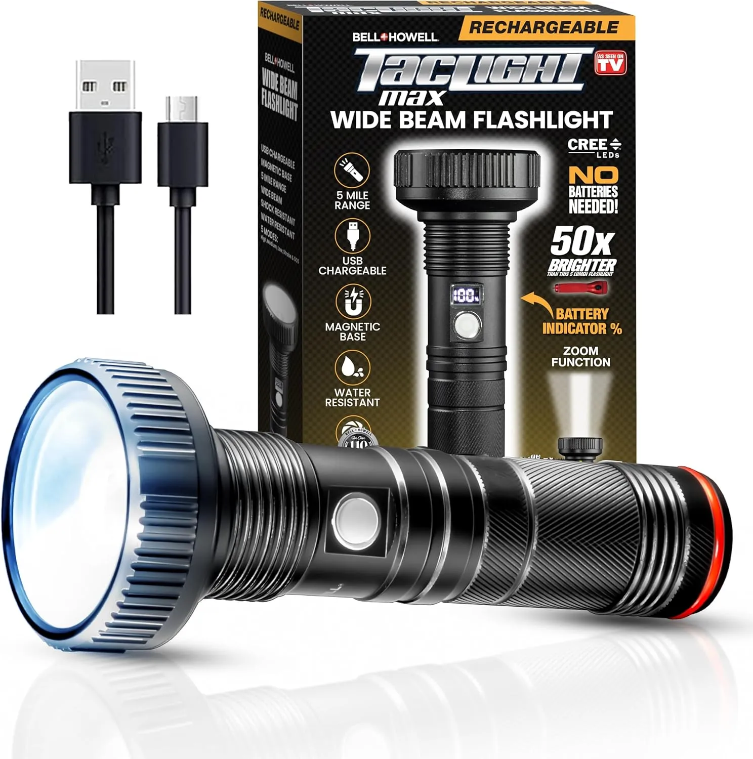 Bell Howell Taclight Max Ultra LED Flashlight, 500 Lumens, 7,000K Cree, Rechargeable, Water Resistant, 15 Hour Run Time, 5 Modes, USB Charging, Durable Aluminum Casing
