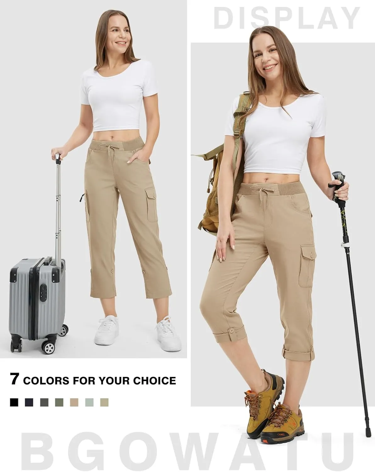 BGOWATU Women's Capris Lightweight Cargo Hiking Pants with 6 Pockets Quick Dry Summer Outdoor Casual Travel Roll Up Pants