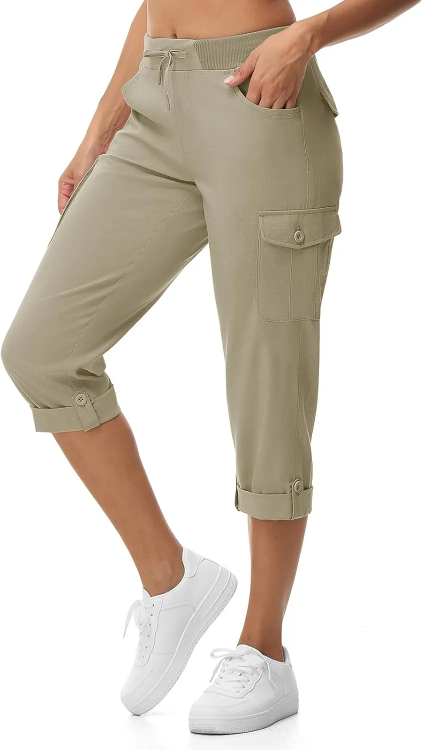 BGOWATU Women's Capris Lightweight Cargo Hiking Pants with 6 Pockets Quick Dry Summer Outdoor Casual Travel Roll Up Pants