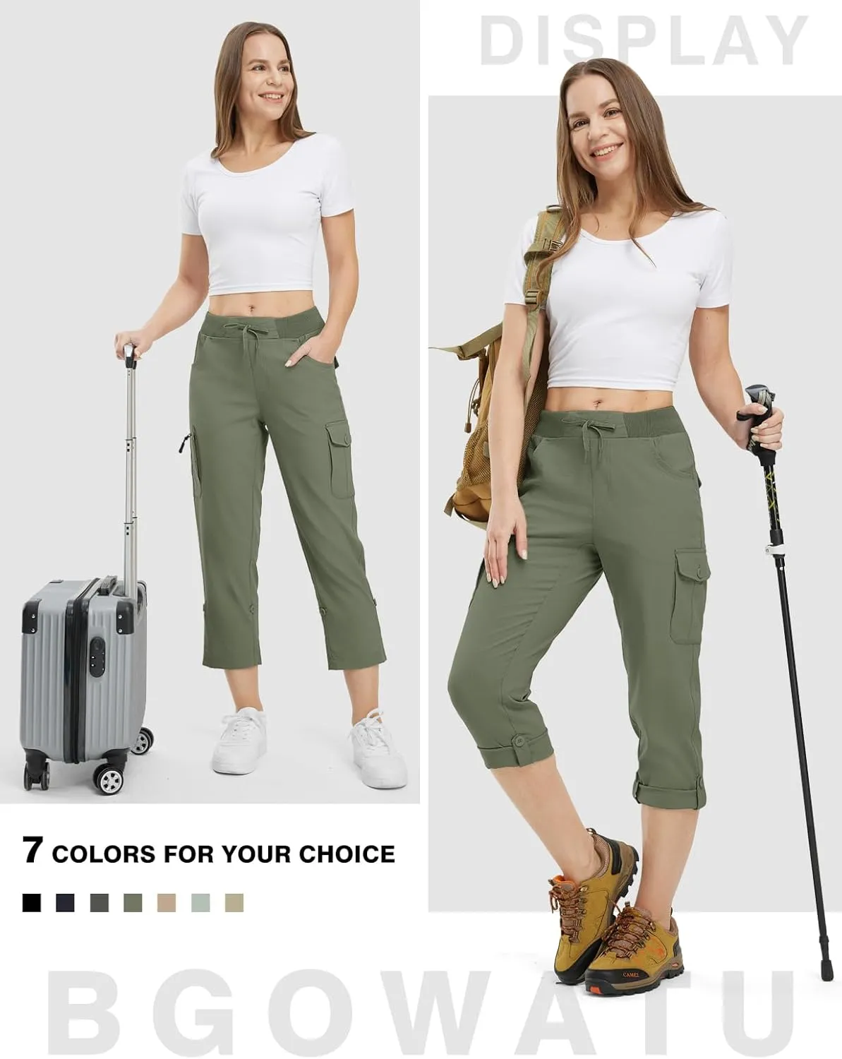 BGOWATU Women's Capris Lightweight Cargo Hiking Pants with 6 Pockets Quick Dry Summer Outdoor Casual Travel Roll Up Pants