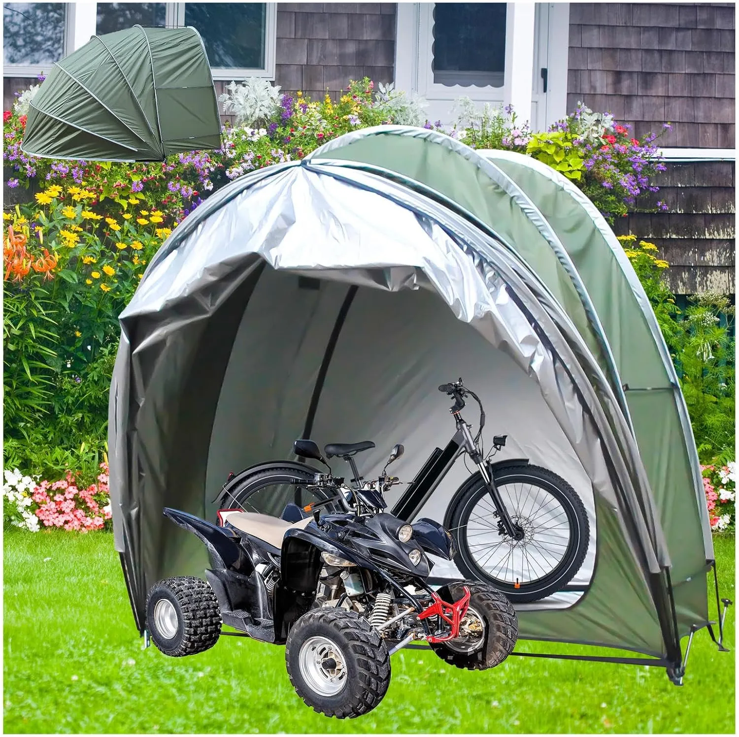Bike Storage Hanging 2 in 1 Motorcycle Shed with Double Doors for 2-5 Bikes Motorcycle Shelter Bike Storage,Green