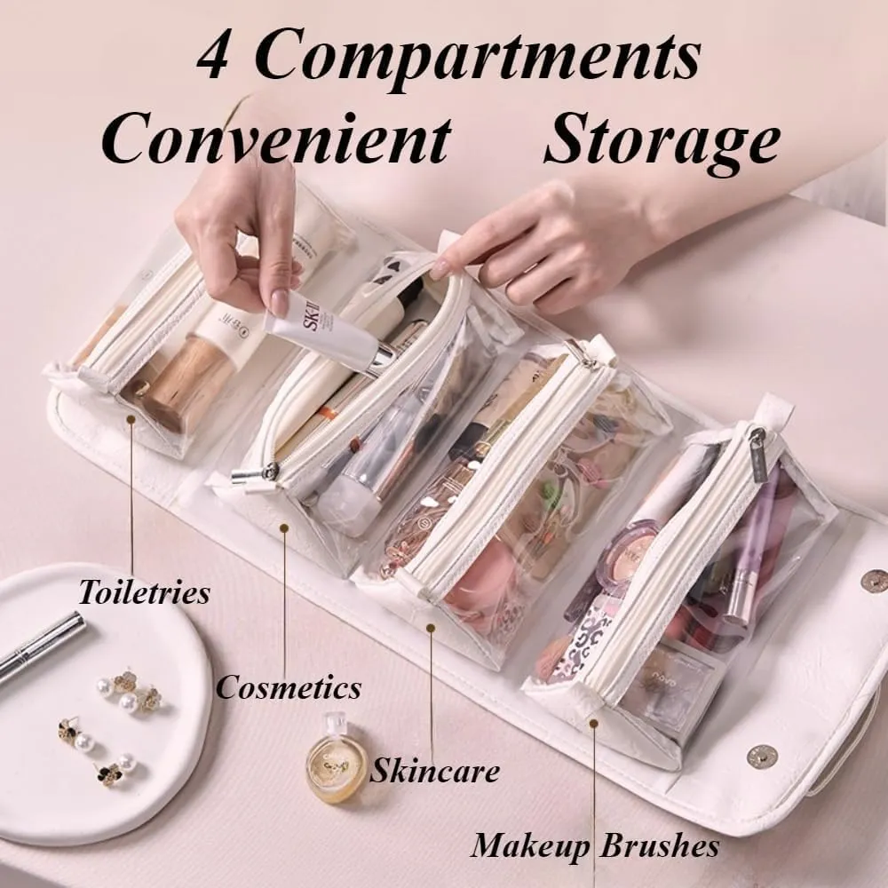 Binozinco Cosmetic Bag, Leather Waterproof Cosmetic Bag, Detachable 4 in 1 Roll up Makeup Bag, Hanging Cosmetic Travel Bag for Women(White)