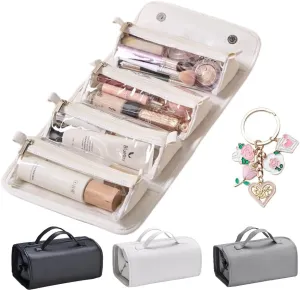 Binozinco Cosmetic Bag, Leather Waterproof Cosmetic Bag, Detachable 4 in 1 Roll up Makeup Bag, Hanging Cosmetic Travel Bag for Women(White)