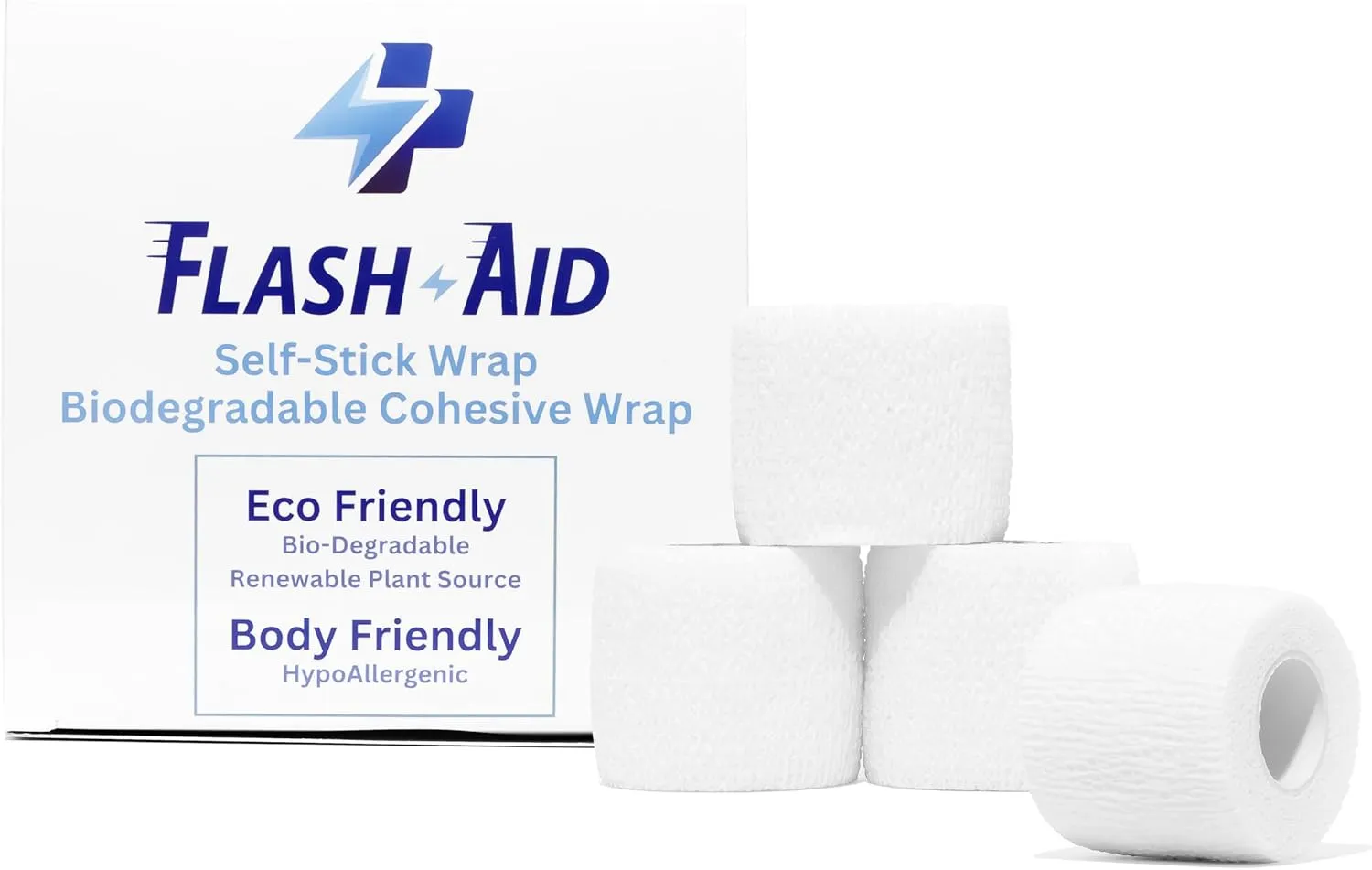 Biodegradable Self-Adherent Bandage Wrap – 4-Pack White | Eco-Friendly Cohesive Compression Tape for First Aid, Sensitive Skin, Sports, Wounds | Latex-Free, Breathable, Non-Adhesive Wrap