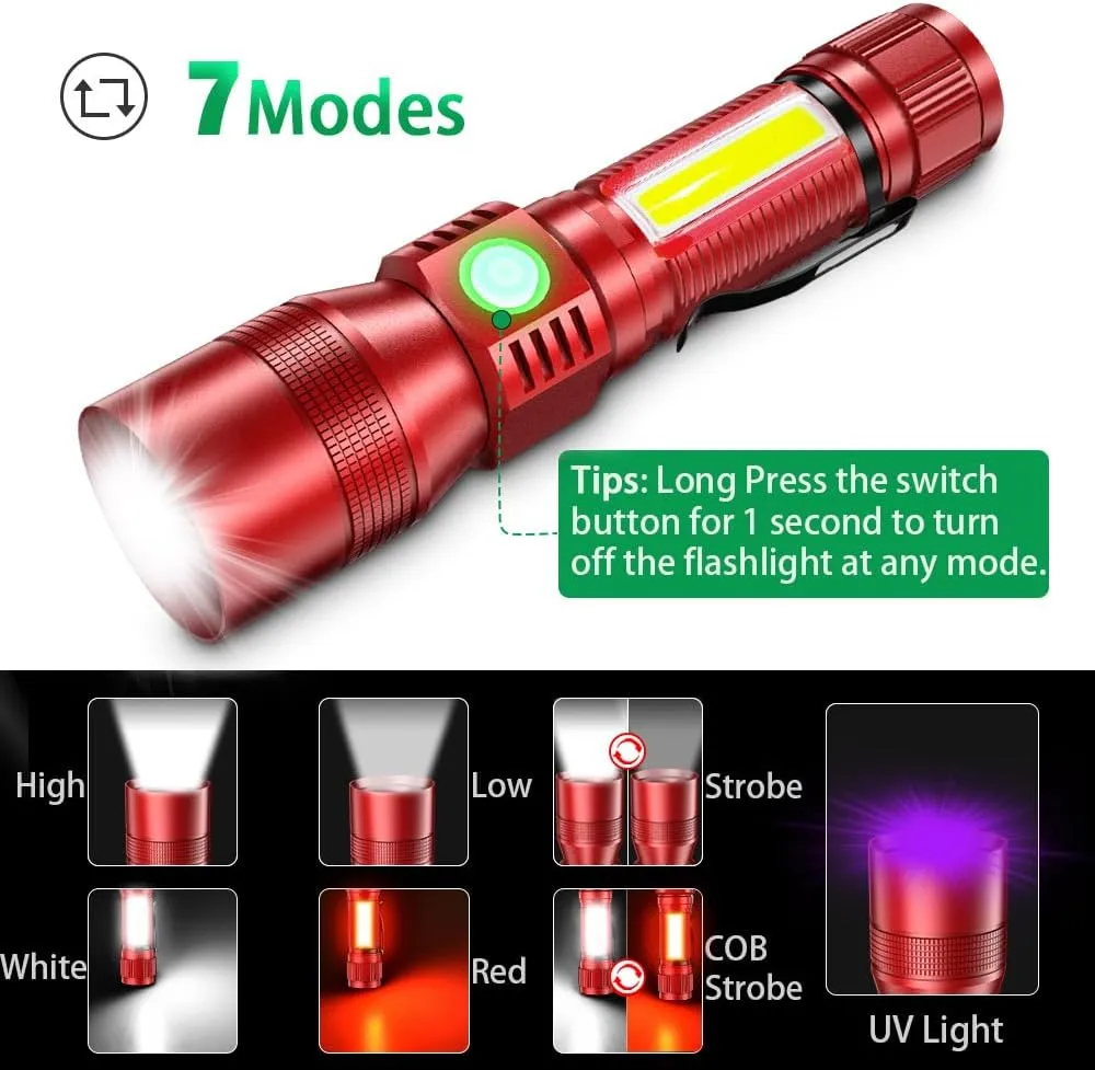 Black Light Flashlights, 3-in-1 UV Flashlight with Clip, Magnetic Base, COB Light, Tactical Rechargeable Flashlight, High Lumens 7 Modes LED Flashlight (2pack Flashlight with case - Red)
