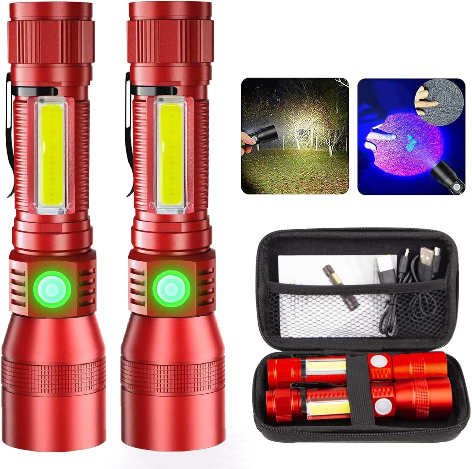 Black Light Flashlights, 3-in-1 UV Flashlight with Clip, Magnetic Base, COB Light, Tactical Rechargeable Flashlight, High Lumens 7 Modes LED Flashlight (2pack Flashlight with case - Red)