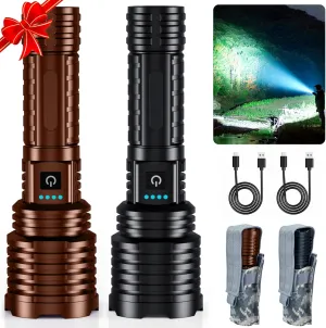 Black&Brown Super Bright Rechargeable LED Flashlights，True High Lumens, Powerful Tactical Flashlight Up to 25H Long Battery Life |Zoomable|5Light Modes|IP67 Water Resistant for Camping