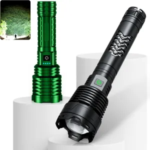 Black&Green Rechargeable LED Flashlights High Lumens,Super Bright Flashlight with Input and Output Functions,10 Light Modes,Zoomable,IP67 Waterproof,Tactical Flashlight for Camping