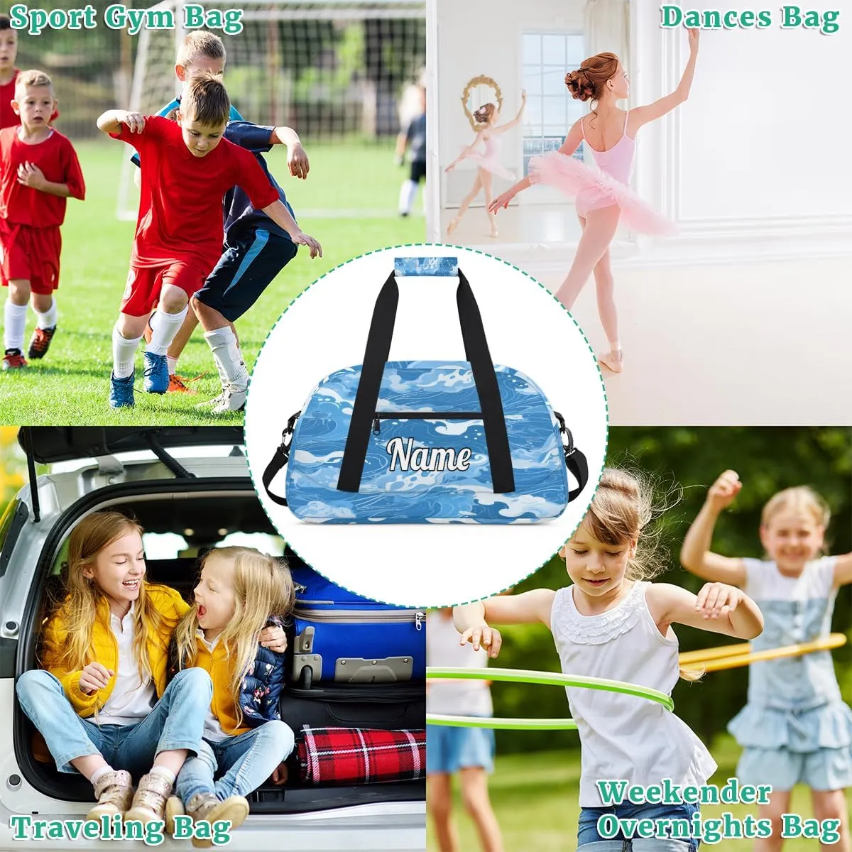 Blue Beach Waves Custom Sports Gym Bag Personalized Dance Bag Teens Travel Weekender Overnight Carry On Bag Boys Girls Waterproof