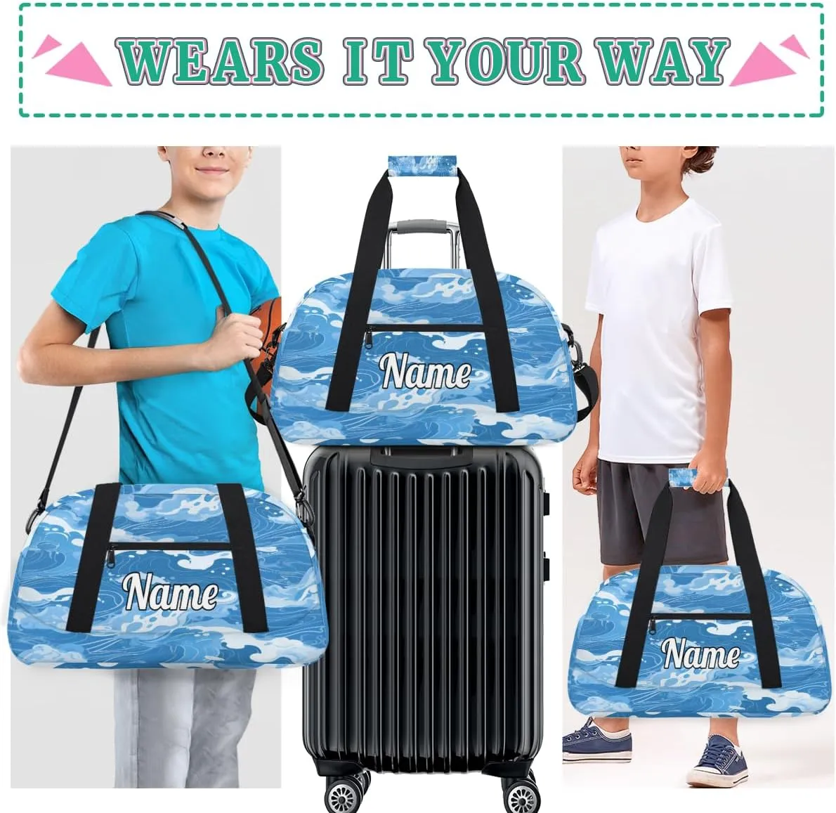 Blue Beach Waves Custom Sports Gym Bag Personalized Dance Bag Teens Travel Weekender Overnight Carry On Bag Boys Girls Waterproof