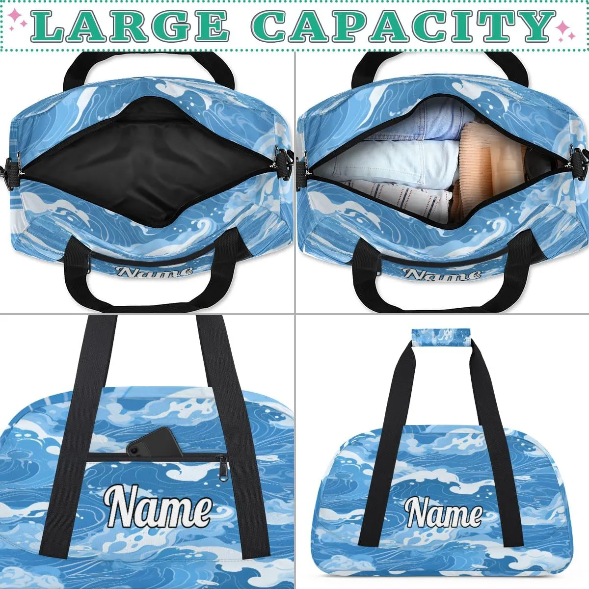 Blue Beach Waves Custom Sports Gym Bag Personalized Dance Bag Teens Travel Weekender Overnight Carry On Bag Boys Girls Waterproof