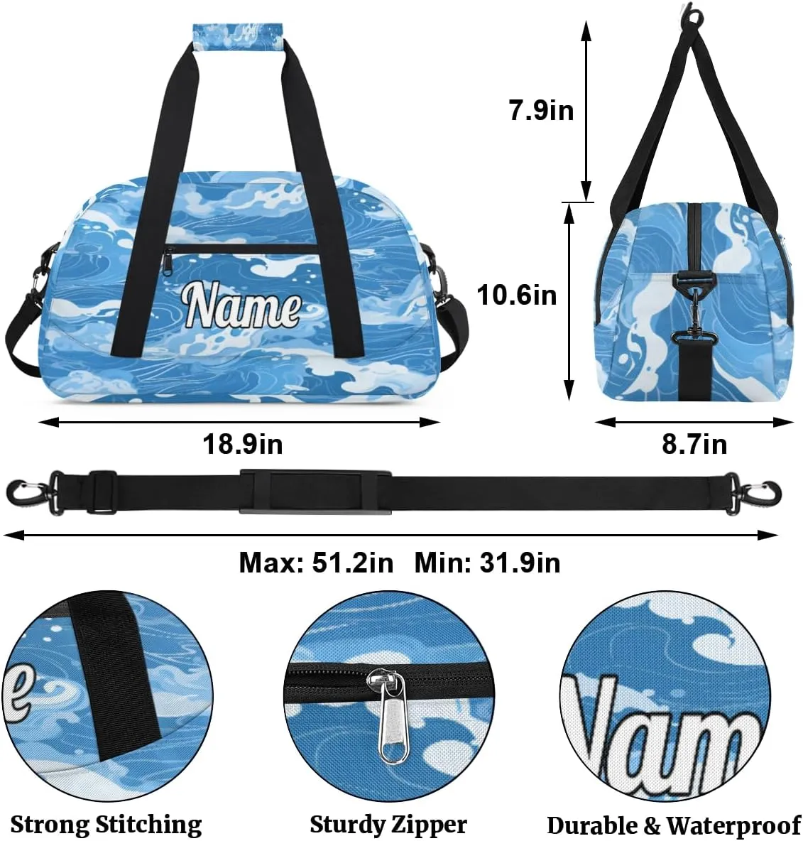Blue Beach Waves Custom Sports Gym Bag Personalized Dance Bag Teens Travel Weekender Overnight Carry On Bag Boys Girls Waterproof