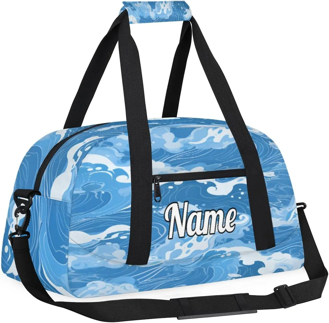 Blue Beach Waves Custom Sports Gym Bag Personalized Dance Bag Teens Travel Weekender Overnight Carry On Bag Boys Girls Waterproof