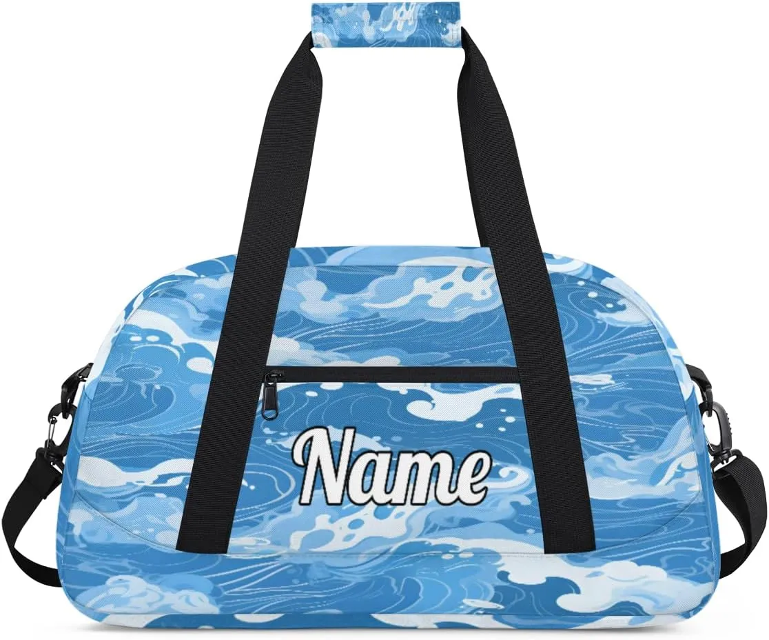 Blue Beach Waves Custom Sports Gym Bag Personalized Dance Bag Teens Travel Weekender Overnight Carry On Bag Boys Girls Waterproof