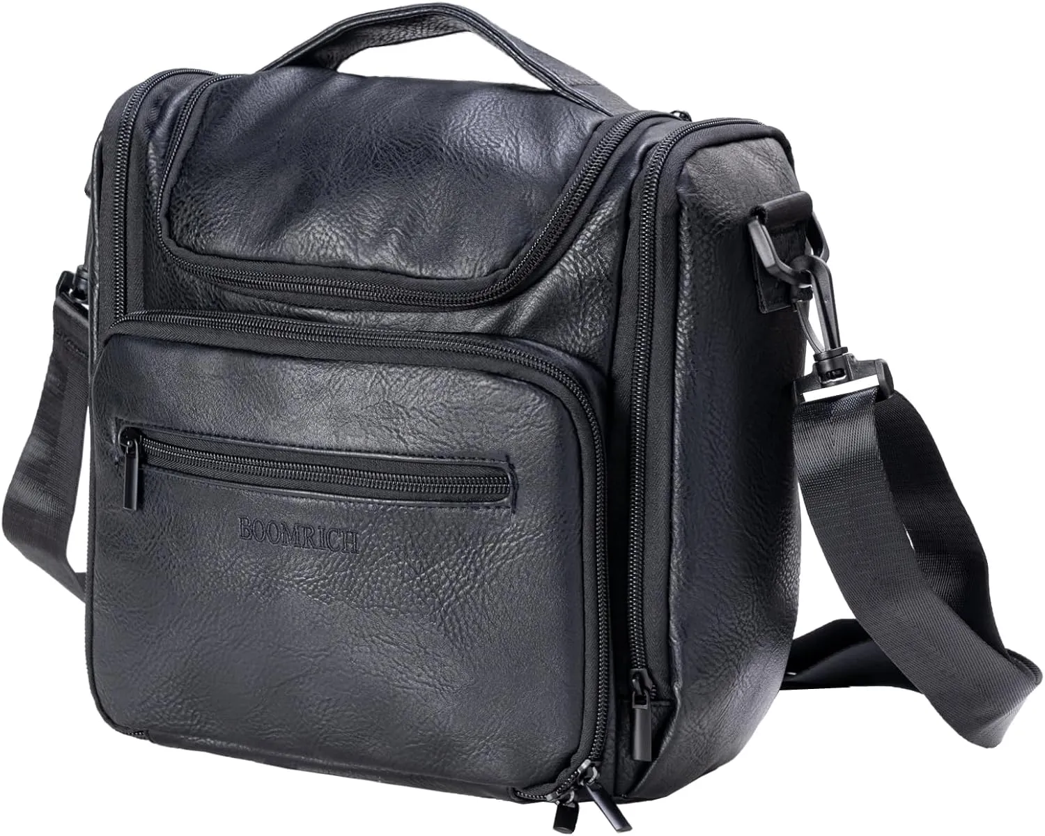 BOOMRICH Large Toiletry Bag for Women, Hanging Leather Travel Makeup Bag with 360° Hook and Shoulder Strap, Travel Organizer for Full Sized Container, Toiletries, Brushes (Black)