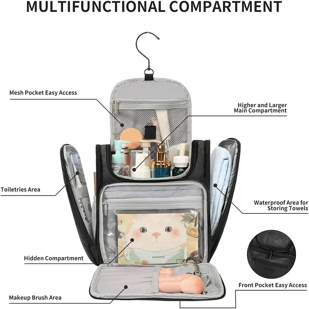 BOOMRICH Large Toiletry Bag for Women, Hanging Leather Travel Makeup Bag with 360° Hook and Shoulder Strap, Travel Organizer for Full Sized Container, Toiletries, Brushes (Black)