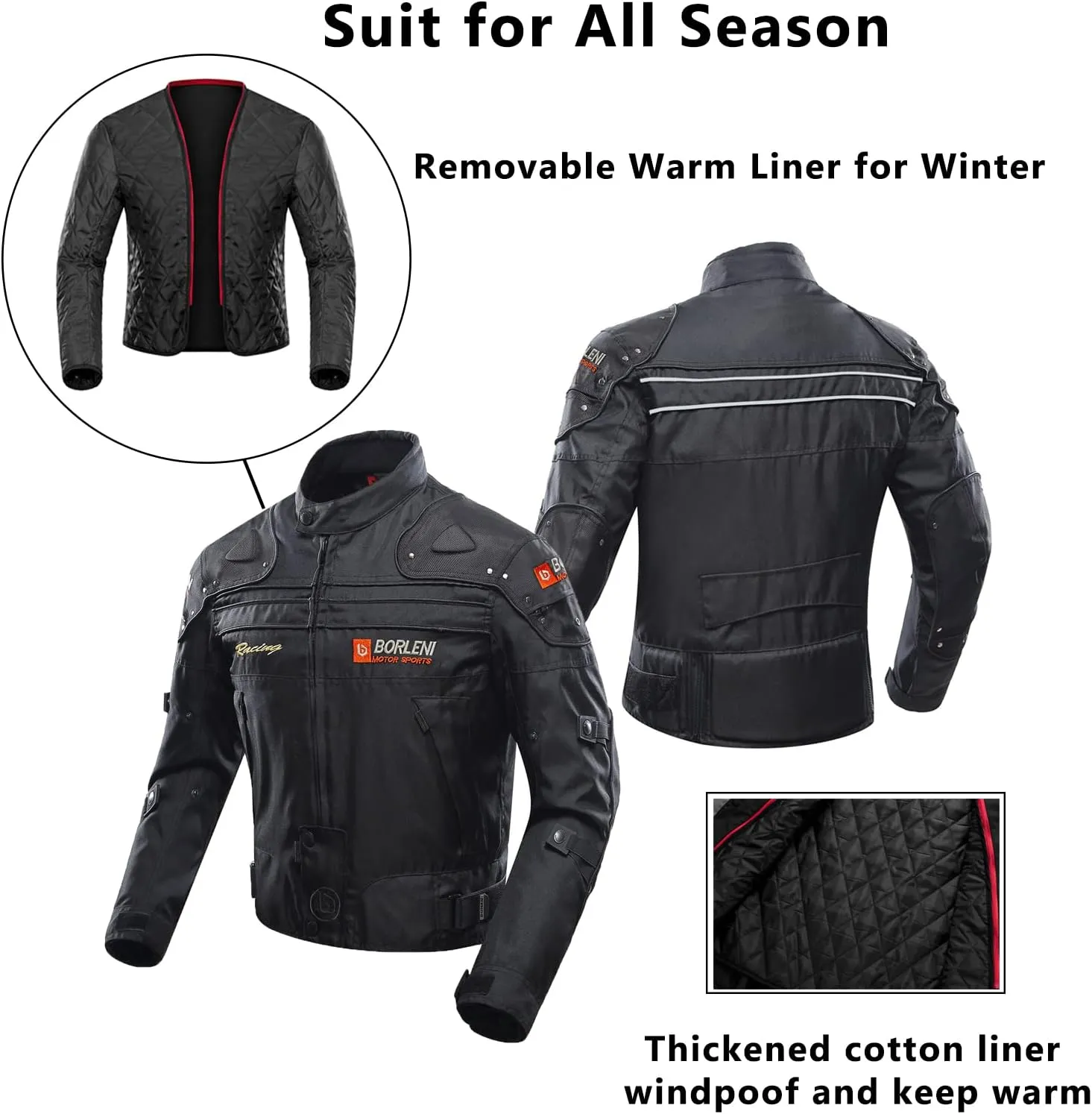 BORLENI Motorcycle Jacket Motorbike Riding Jacket Windproof Motorcycle Full Body Protective Gear Armor