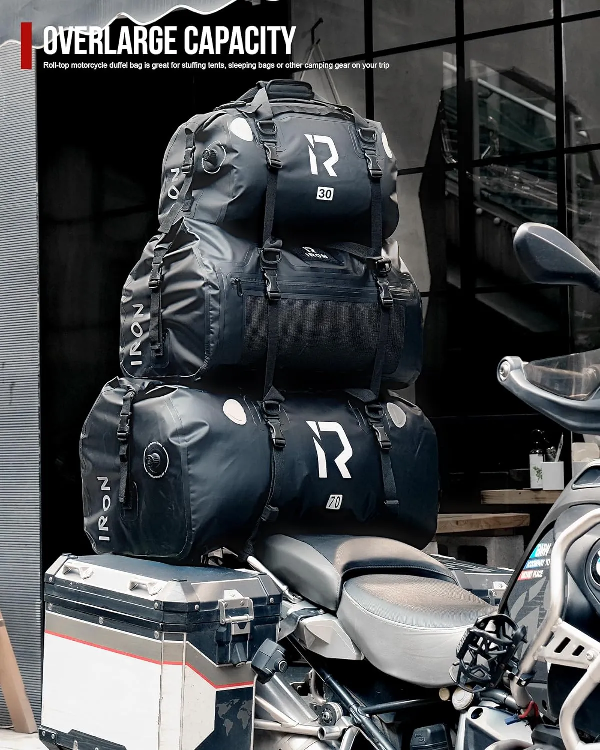 BORLENI Waterproof Motorcycle Dry Duffel Bag Luggage Tail Bag with Large Storage Space,Roll Top Closure, Shoulder Straps, Inner Pocket and Mesh Pocket for Motorcycling Travel Camping (Grey,50L)