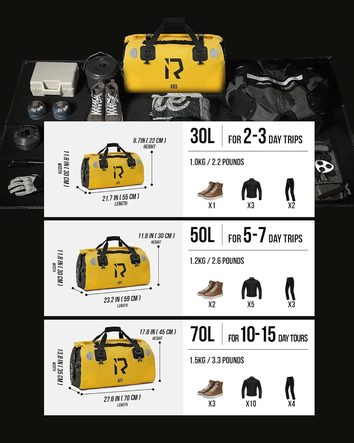 BORLENI Waterproof Motorcycle Dry Duffel Bag Luggage Tail Bag with Large Storage Space,Roll Top Closure, Shoulder Straps, Inner Pocket and Mesh Pocket for Motorcycling Travel Camping(Yellow,70L)