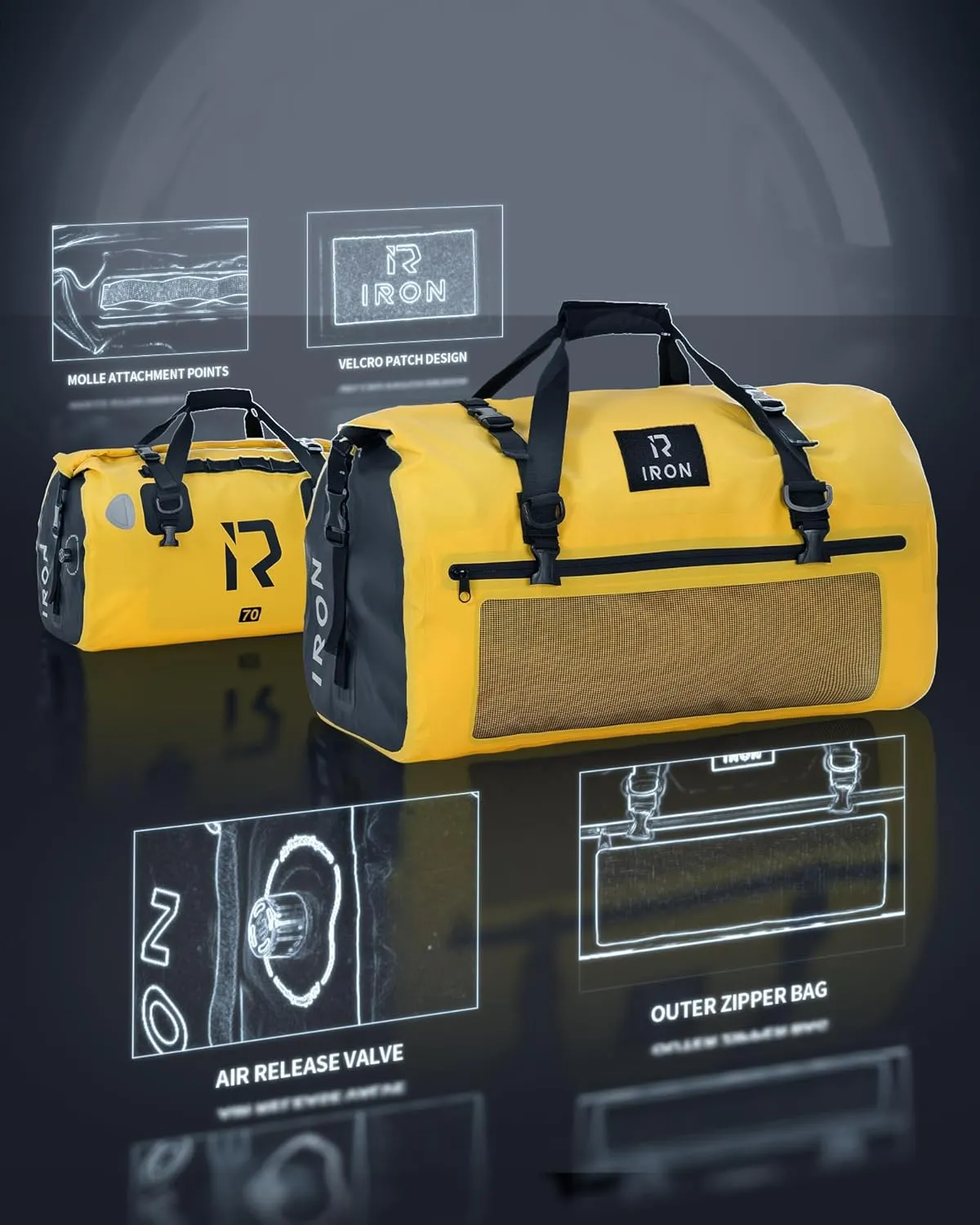 BORLENI Waterproof Motorcycle Dry Duffel Bag Luggage Tail Bag with Large Storage Space,Roll Top Closure, Shoulder Straps, Inner Pocket and Mesh Pocket for Motorcycling Travel Camping(Yellow,70L)