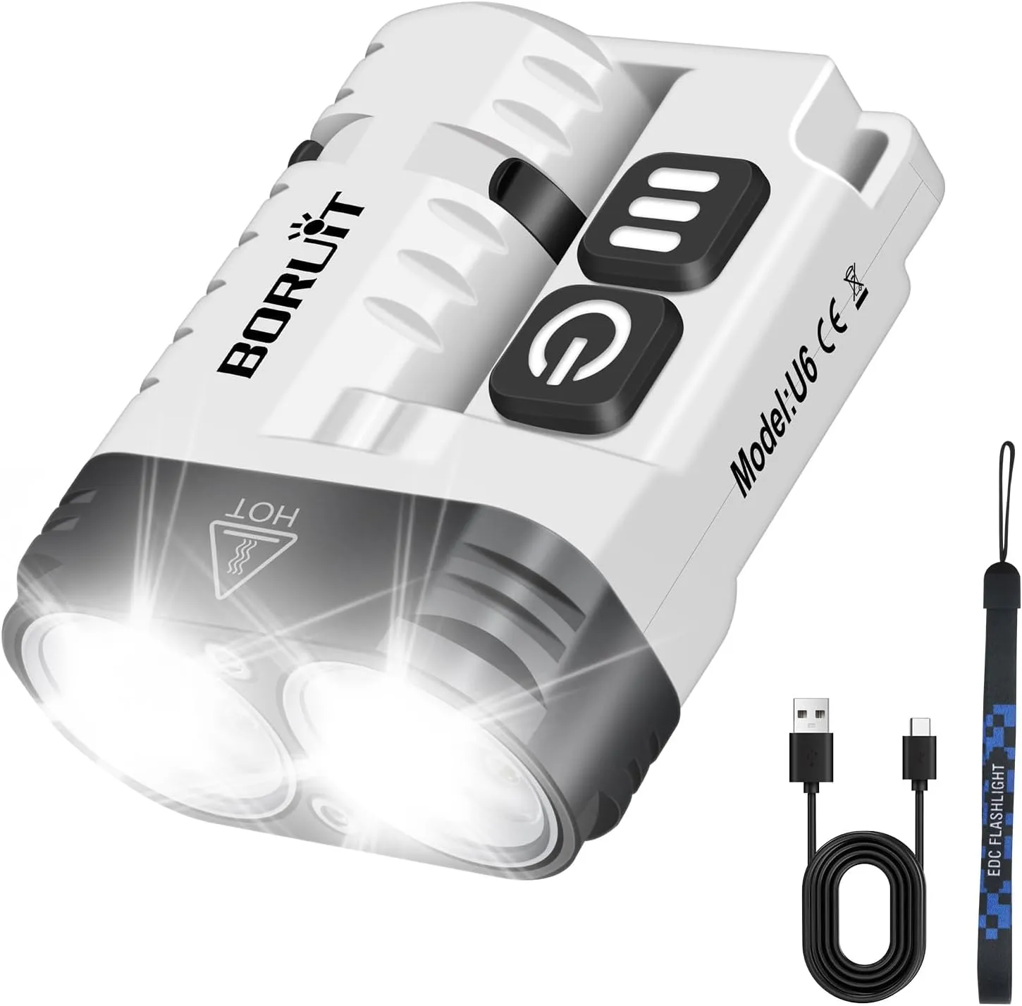 BORUIT U6 LED Small Powerful Flat EDC Flashlight with Clip,Super Bright USB A/C-C Rechargeable Mini Pocket Keychain Flash Light with White Warm Red Light,10 Modes,IP68 Waterproof,Magnetic