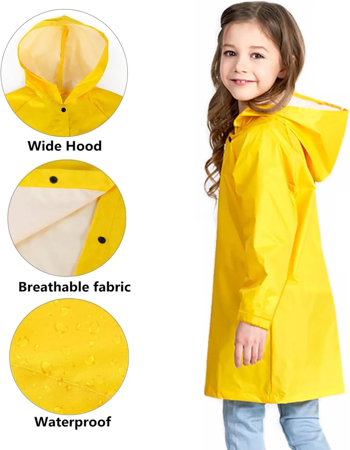 Boys Girls Raincoat, Lightweight Breathable Kids Rain Jacket Waterproof Yellow Rain Coat for Children Rainwear