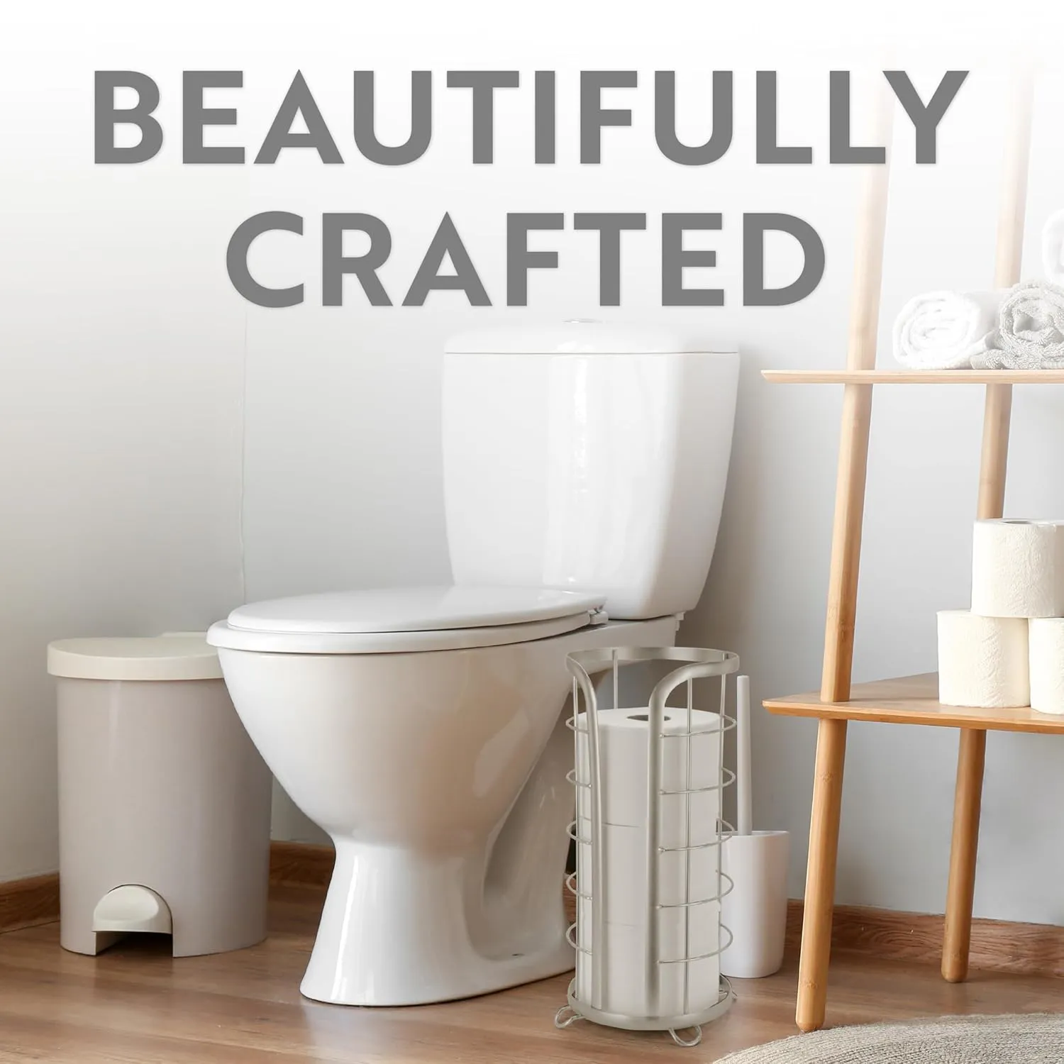 BROOKSTONE, Nickel Toilet Paper Holder, Freestanding Bathroom Tissue Organizer, Minimalistic Storage Solution, Modern & Stylish Design [Holds MEGA Rolls]