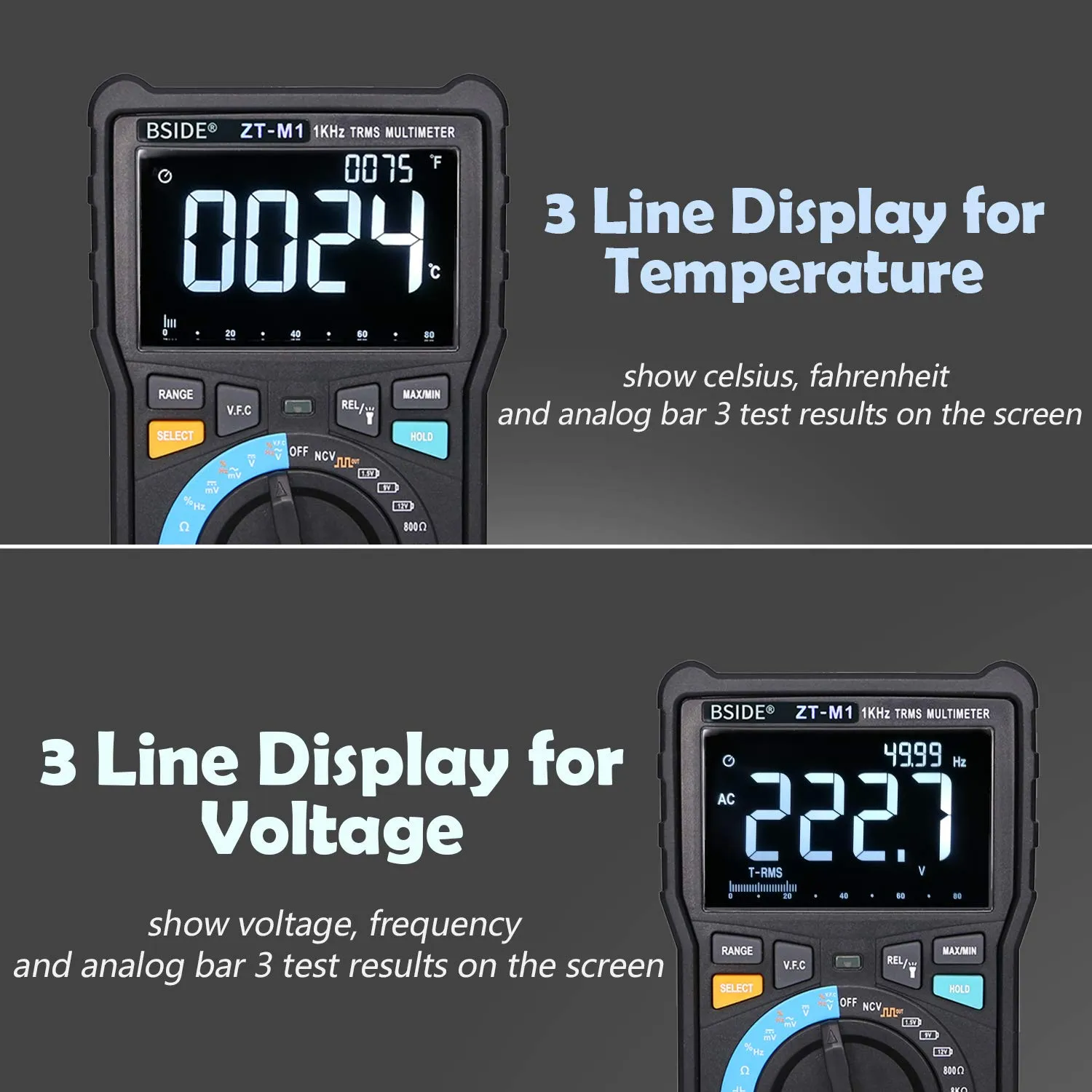 BSIDE EBTN LCD Digital Multimeter 3-Line Display Large Screen True RMS 8000 Counts Auto-Ranging DMM VFC Temperature Capacitance Volt Amp Ohm Hz Battery Tester with Analog Bar & Alligator Clip